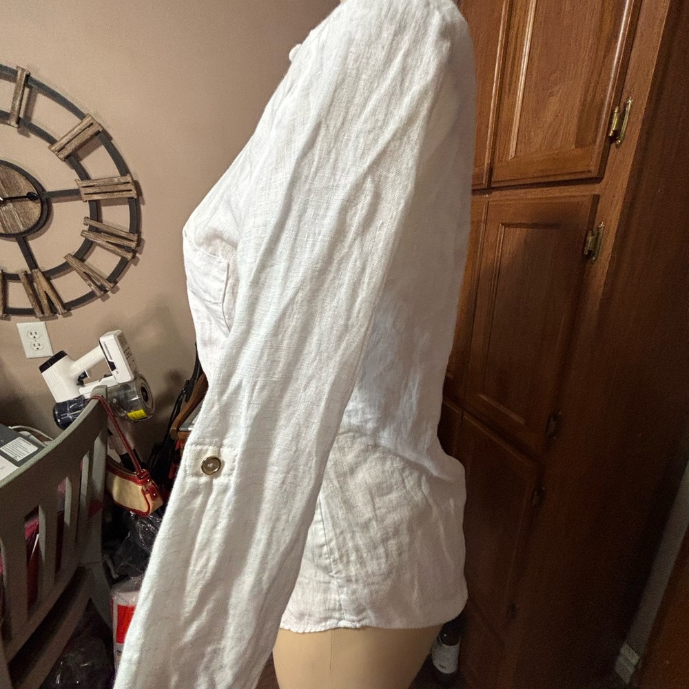 Zara 1/4 button down all linen crispy white small  Beachy nautical cowgirl shirt - Picture 4 of 7